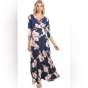 Hello MIZ Maternity Navy Maxi Dress with Pink and White Floral Design
